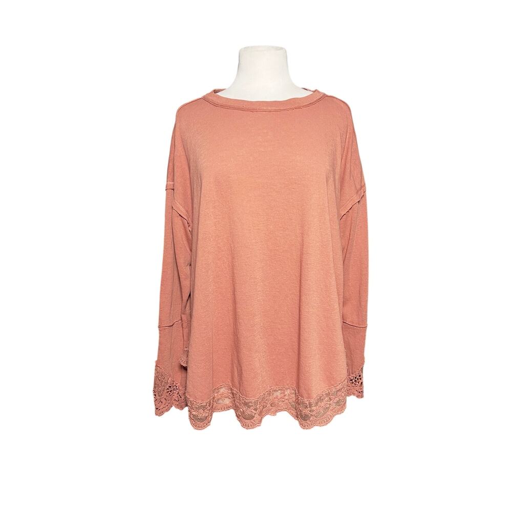 EASEL Women’s Boho Burnt Orange Lace Trim Long Sleeve Knit Top